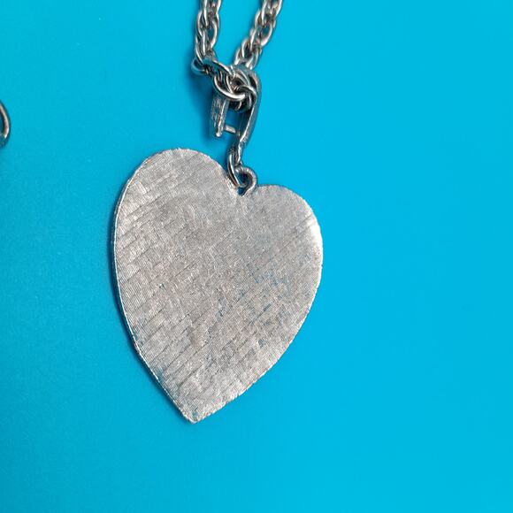 Vintage Heart Layered Long Necklace, Etched Pendant, Silver Tone, 25" - Picture 5 of 9